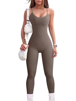 Women's Yoga Jumpsuits Sexy Ribbed One Piece Spaghetti Straps Tummy Control JumpSuits