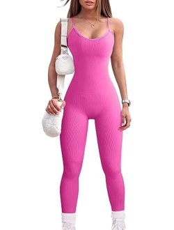 Women's Yoga Jumpsuits Sexy Ribbed One Piece Spaghetti Straps Tummy Control JumpSuits