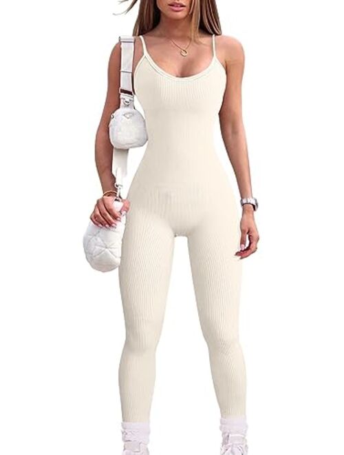 OQQ Women's Yoga Jumpsuits Sexy Ribbed One Piece Spaghetti Straps Tummy Control JumpSuits