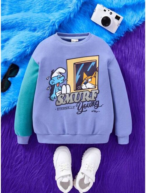 SHEIN X The Smurfs Tween Boy Cartoon Letter Graphic Two Tone Drop Shoulder Pullover