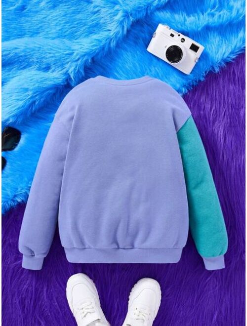 SHEIN X The Smurfs Tween Boy Cartoon Letter Graphic Two Tone Drop Shoulder Pullover