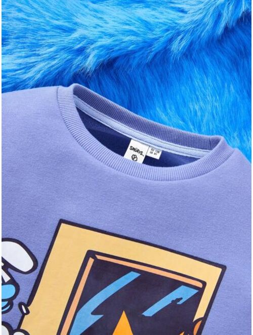 SHEIN X The Smurfs Tween Boy Cartoon Letter Graphic Two Tone Drop Shoulder Pullover