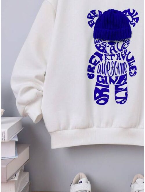 SHEIN Kids EVRYDAY Tween Boy Bear Letter Graphic 3D Hat Drop Shoulder Sweatshirt