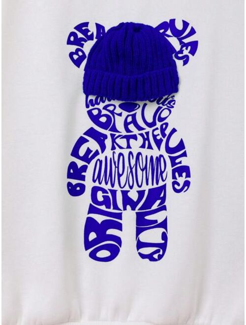 SHEIN Kids EVRYDAY Tween Boy Bear Letter Graphic 3D Hat Drop Shoulder Sweatshirt