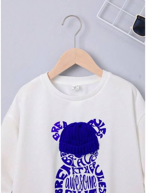 SHEIN Kids EVRYDAY Tween Boy Bear Letter Graphic 3D Hat Drop Shoulder Sweatshirt