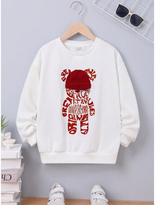 SHEIN Kids EVRYDAY Tween Boy Bear Letter Graphic 3D Hat Drop Shoulder Sweatshirt