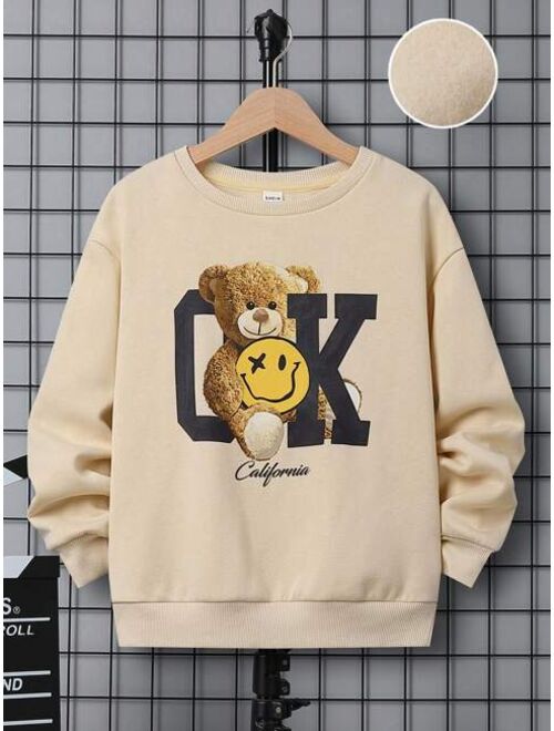 SHEIN Kids QTFun Tween Boy Bear Letter Graphic Drop Shoulder Pullover