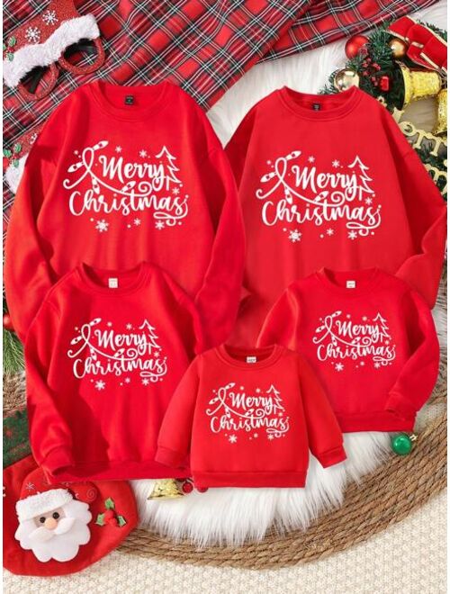 Tween Boy Merry Christmas Letter Printed Round Neck Fleece Sweatshirt Festive Winter Top