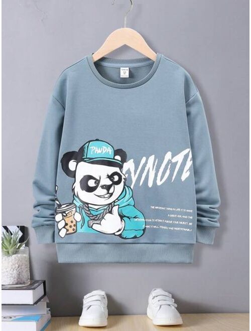 SHEIN Kids QTFun Boys Panda Big Letter Slogan Print Street Style Casual Knit Sweatshirt For Summer