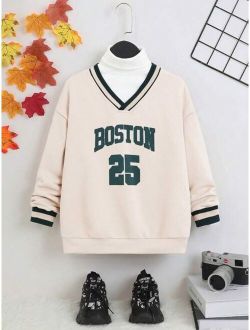 SHEIN Kids Academe Tween Boy Letter Graphic Striped Trim Drop Shoulder Pullover Without Sweater