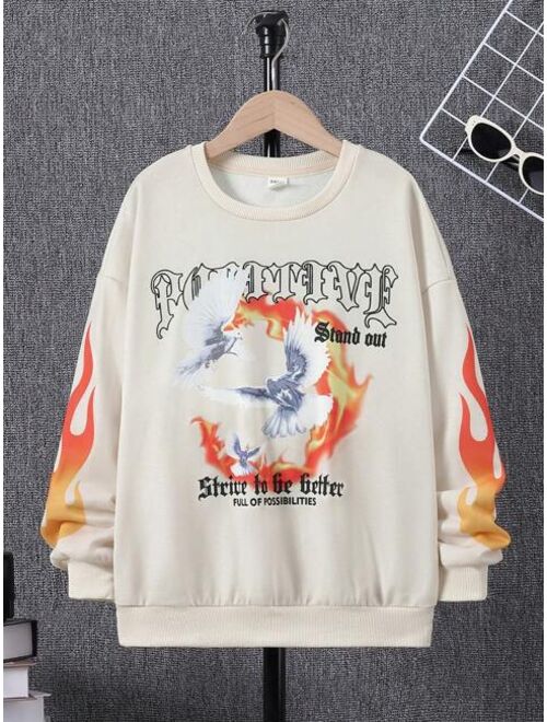 SHEIN Kids HYPEME Tween Boy Letter Fire Print Drop Shoulder Pullover