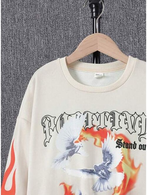 SHEIN Kids HYPEME Tween Boy Letter Fire Print Drop Shoulder Pullover