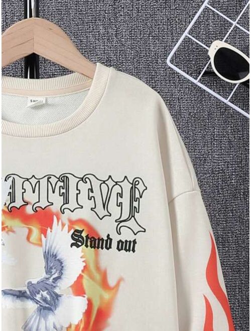 SHEIN Kids HYPEME Tween Boy Letter Fire Print Drop Shoulder Pullover