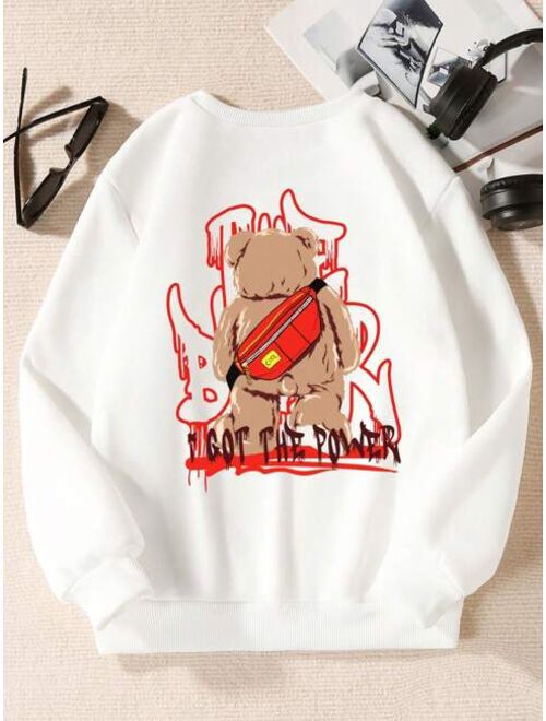 Tween Boy Bear And Letter Graphic Thermal Lined Sweatshirt