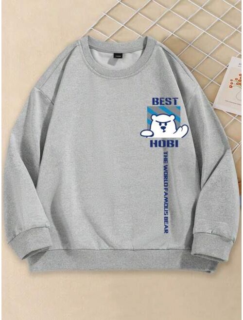 Tween Boy Slogan Cartoon Graphic Thermal Lined Sweatshirt