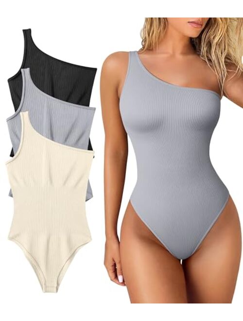 OQQ Women's 3 Piece Bodysuits Sexy Ribbed One Shoulder Sleeveless Exercise Bodysuits