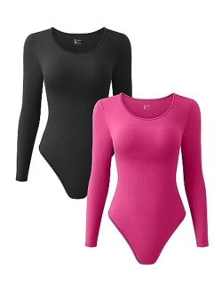 Women's 2 Piece Bodysuits Sexy Ribbed One Piece Crewneck Long Sleeve Bodysuit