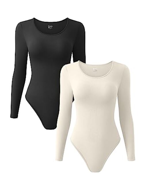 OQQ Women's 2 Piece Bodysuits Sexy Ribbed One Piece Crewneck Long Sleeve Bodysuit