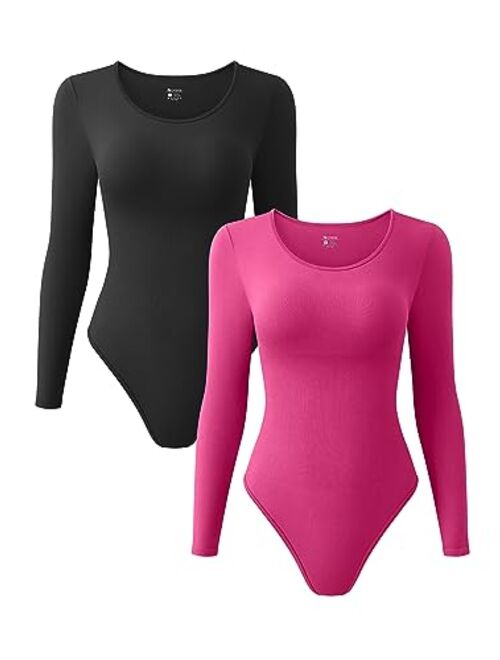 OQQ Women's 2 Piece Bodysuits Sexy Ribbed One Piece Crewneck Long Sleeve Bodysuit