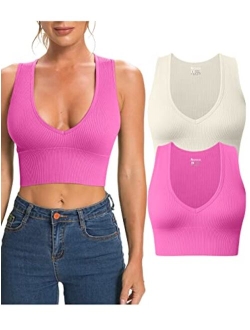 Women's 2 Piece Tank Tops Ribbed Sleeveless Sexy Deep V Neck Removable Cups Yoga Crop Tops