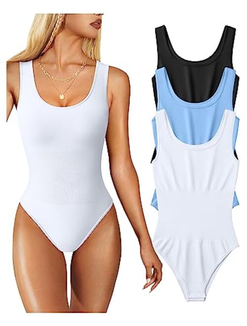 OQQ Women's 3 Piece Bodysuits Sexy Sleeveless Round Neck Shapewear Tank Tops Bodysuits