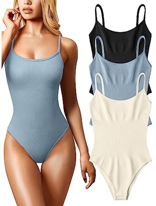 OQQ Women's 3 Piece Bodysuits Sexy Ribbed Sleeveless Adjustable Spaghetti Strip Tops Shapewear Bodysuits