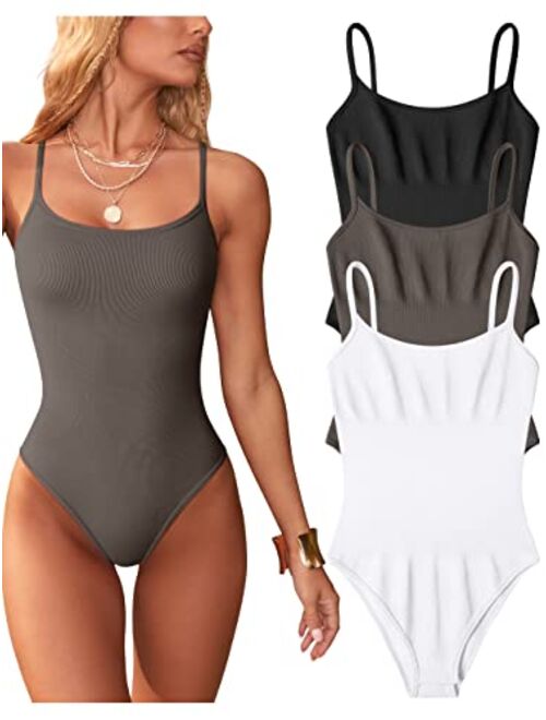 OQQ Women's 3 Piece Bodysuits Sexy Ribbed Sleeveless Adjustable Spaghetti Strip Tops Shapewear Bodysuits