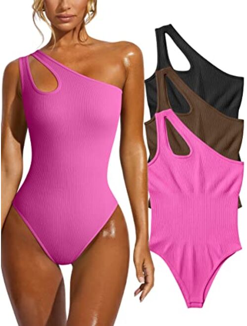 OQQ Women's 3 Piece Bodysuits Sexy Ribbed Sleeveless One Shoulder Tank Tops Exercise Bodysuits