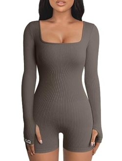 Womens Yoga Rompers Workout Ribbed Long Sleeve Square Neck Sport Jumpsuits Rompers