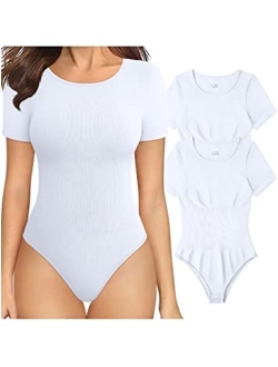 Women's 2 Piece Bodysuits Sexy Ribbed One Piece Short Sleeve Tops Bodysuits