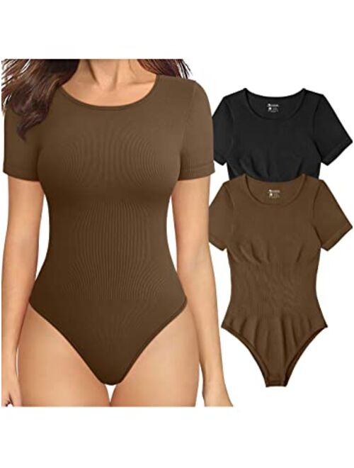 OQQ Women's 2 Piece Bodysuits Sexy Ribbed One Piece Short Sleeve Tops Bodysuits