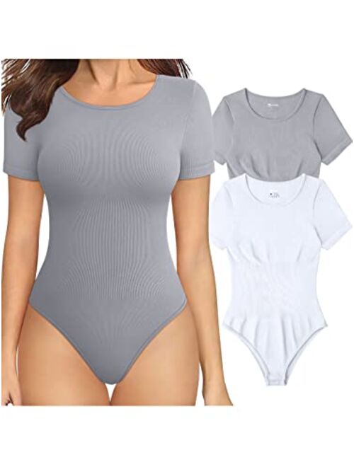 OQQ Women's 2 Piece Bodysuits Sexy Ribbed One Piece Short Sleeve Tops Bodysuits