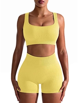 Workout Outfits for Women 2 Piece Seamless Ribbed High Waist Leggings with Sports Bra Exercise Set