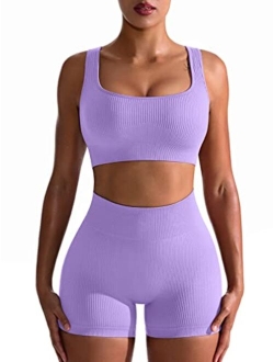 Workout Outfits for Women 2 Piece Seamless Ribbed High Waist Leggings with Sports Bra Exercise Set