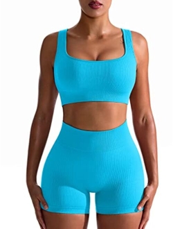 Workout Outfits for Women 2 Piece Seamless Ribbed High Waist Leggings with Sports Bra Exercise Set