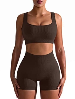 Workout Outfits for Women 2 Piece Seamless Ribbed High Waist Leggings with Sports Bra Exercise Set