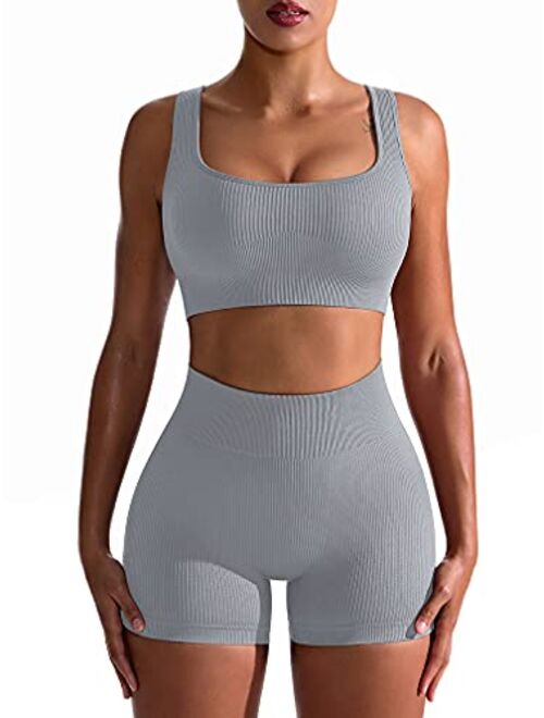 OQQ Workout Outfits for Women 2 Piece Seamless Ribbed High Waist Leggings with Sports Bra Exercise Set