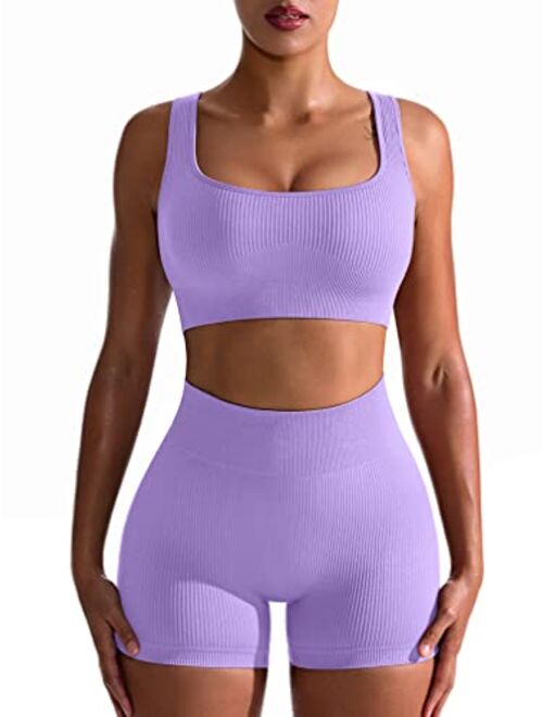 OQQ Workout Outfits for Women 2 Piece Seamless Ribbed High Waist Leggings with Sports Bra Exercise Set