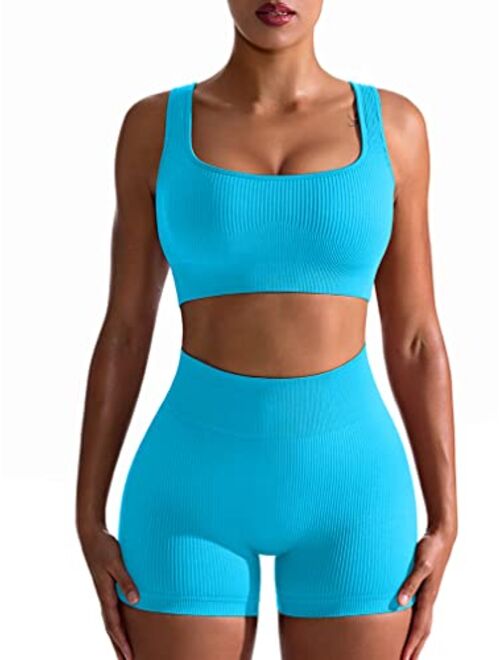 OQQ Workout Outfits for Women 2 Piece Seamless Ribbed High Waist Leggings with Sports Bra Exercise Set