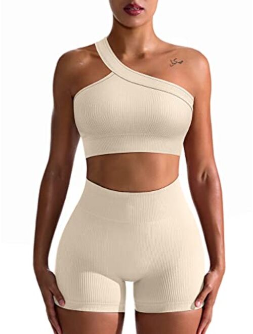 OQQ Workout Outfits for Women 2 Piece Seamless Ribbed High Waist Leggings with Sports Bra Exercise Set