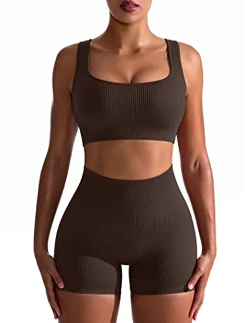 OQQ Workout Outfits for Women 2 Piece Seamless Ribbed High Waist Leggings with Sports Bra Exercise Set