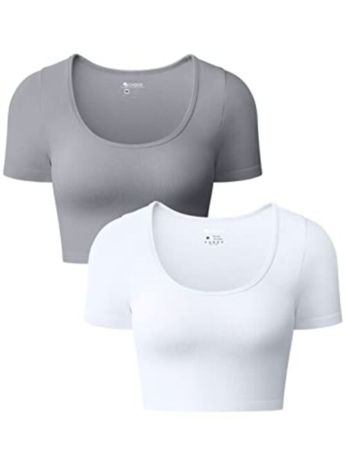 OQQ Women's 2 Piece Crop Tops Sexy Ribbed Seamless Short Sleeve Shirts Scoop Neck Top