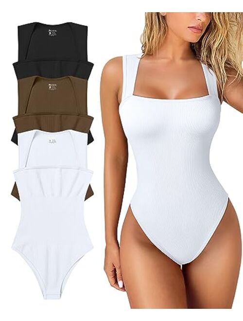 OQQ Women's 3 Piece Bodysuits Sexy Ribbed Strappy Square Neck Sleeveless Tummy Control Tank Tops Bodysuits