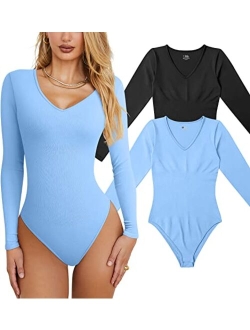 Women's 2 Piece Bodysuits Sexy Ribbed T Shirt One Piece V Neck Long Sleeve Bodysuits