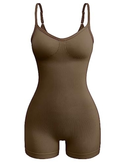 Women's Yoga Rompers Ribbed One Piece Spaghetti Strap Sleeveless Tops Romper