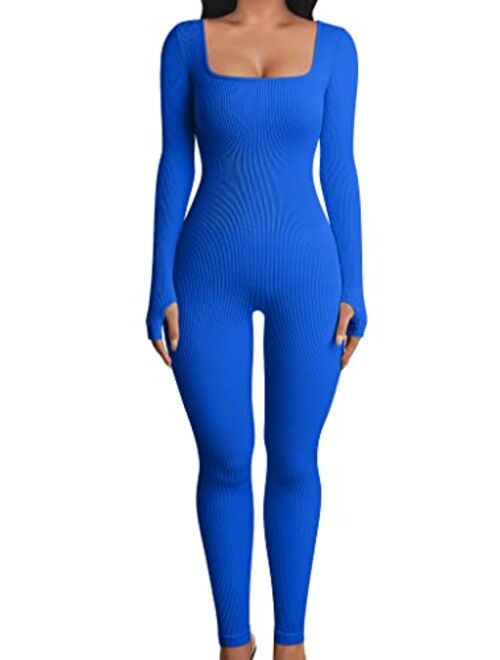 OQQ Women Yoga Jumpsuits Workout Ribbed Long Sleeve Sport Jumpsuits