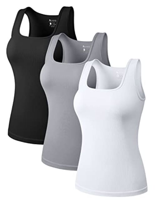 OQQ Women's 3 Piece Tops Square Neck Stretch Fitted Layer Tee Shirts Sleeveless Tank Tops