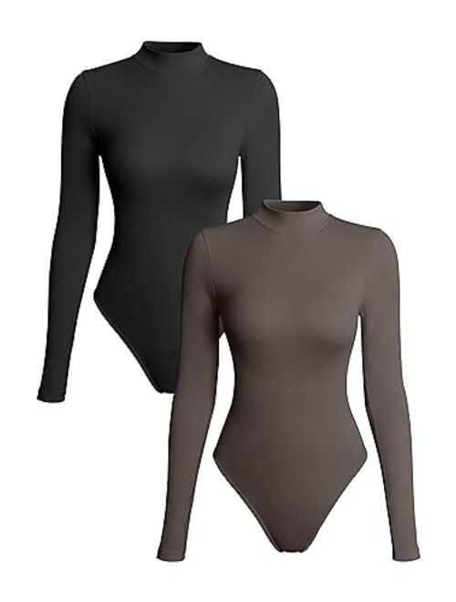 OQQ Women's 2 Piece Bodysuits Sexy Ribbed Turtle Neck Long Sleeve Tops Bodysuits