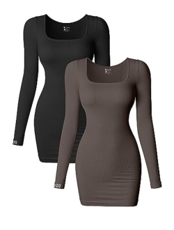 Women's 2 Piece Dresses Sexy Ribbed Long Sleeve Square Neck Tops Mini Dress