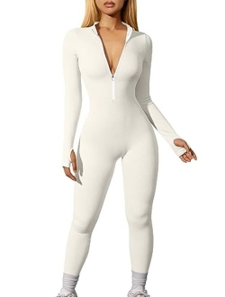 Women Yoga Jumpsuits Workout Ribbed Long Sleeve Zip Front Sport Jumpsuits